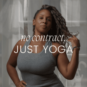 Woman in yoga pose, "No Contract" text.