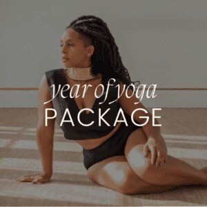 Woman in yoga pose with package text.