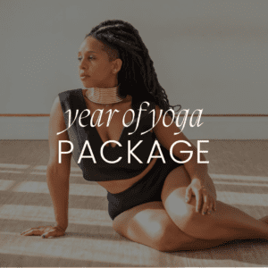 Woman in yoga pose with package text.