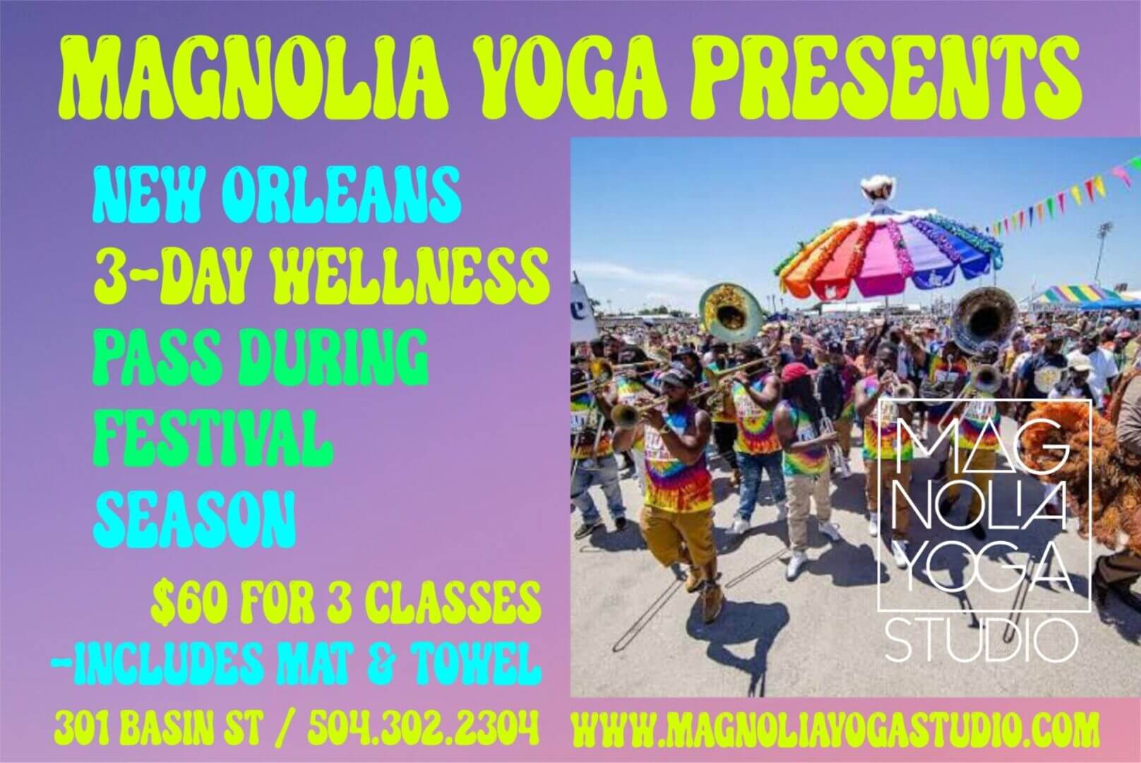 Yoga studio festival promotion with colorful parade.